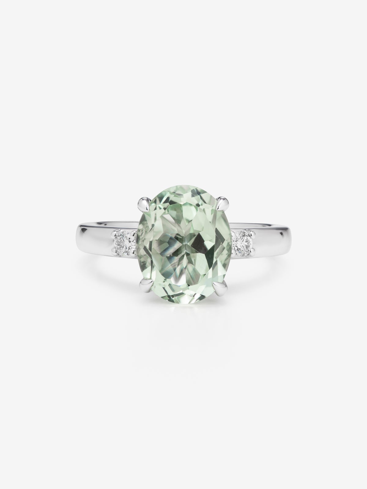 Anillo tresillo de plata 925 con amatista verde y diamantes