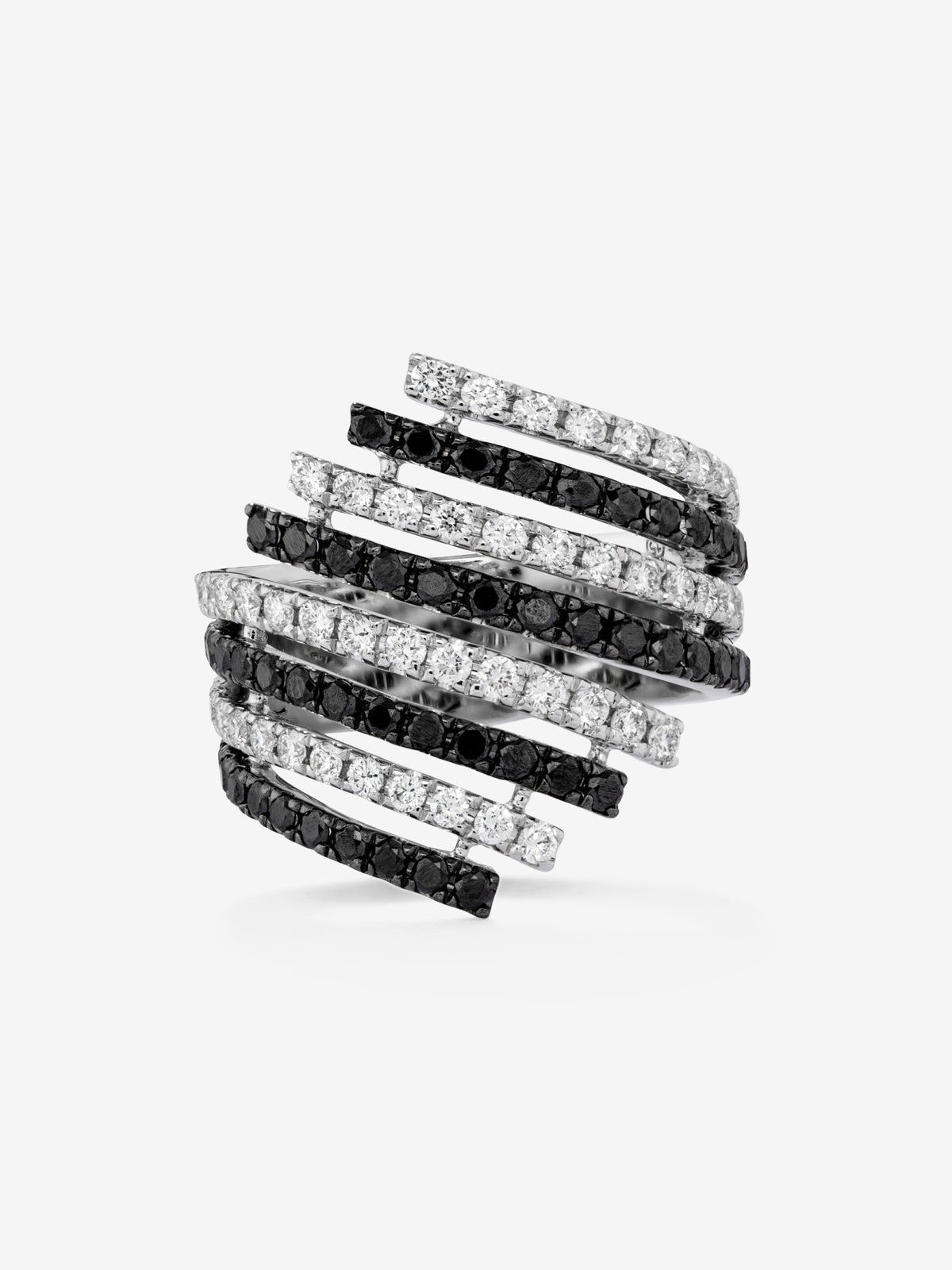 Anillo multibrazo de oro blanco de 18K con 54 diamantes en talla brillante con un total de 0,75 cts y 54 diamantes negros con un total de 0,9 cts