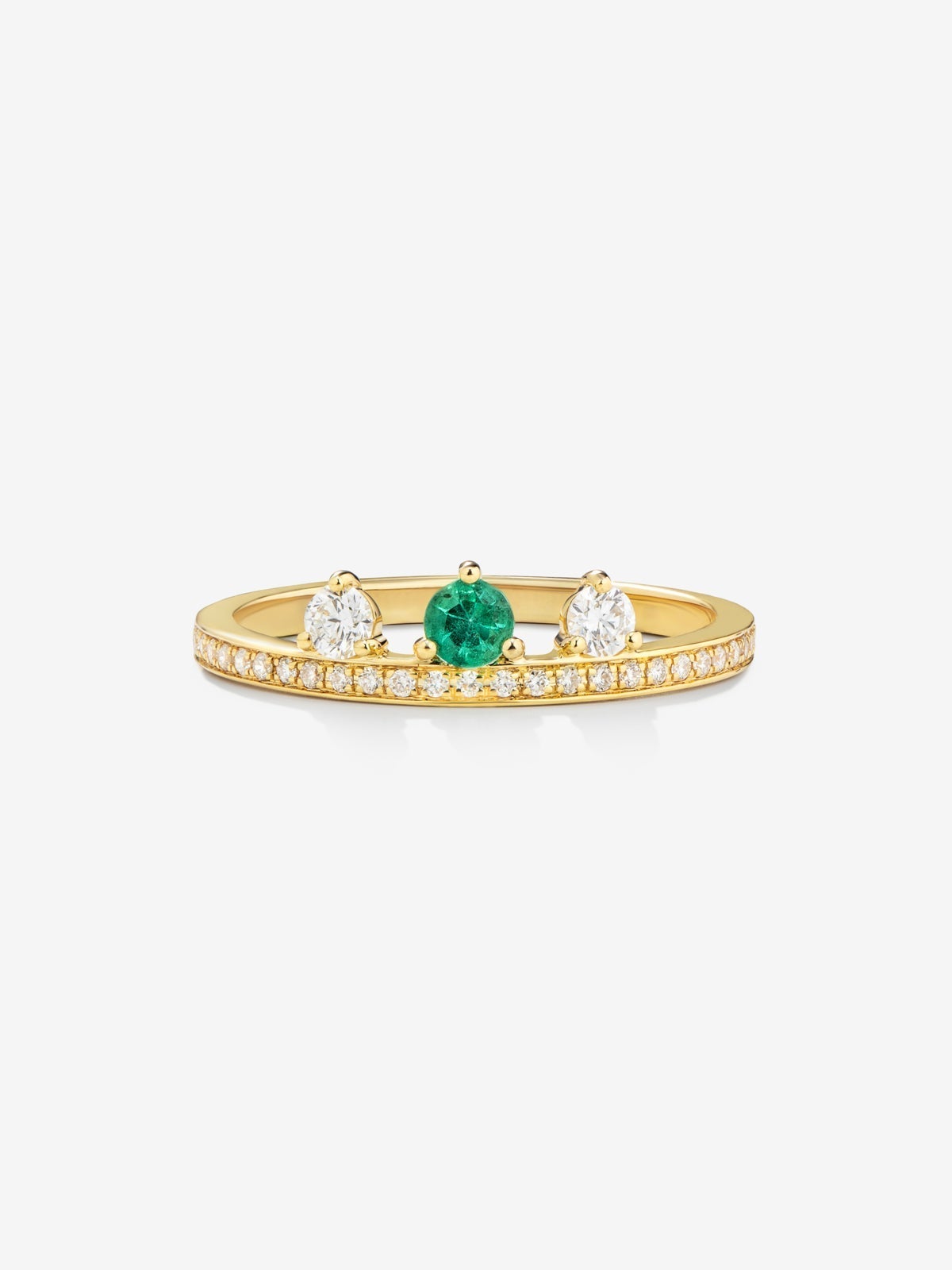 Anillo de oro amarillo de 18K con esmeralda verde en talla brillante de 0,1 cts y 29 diamantes en talla brillante con un total de 0,178 cts