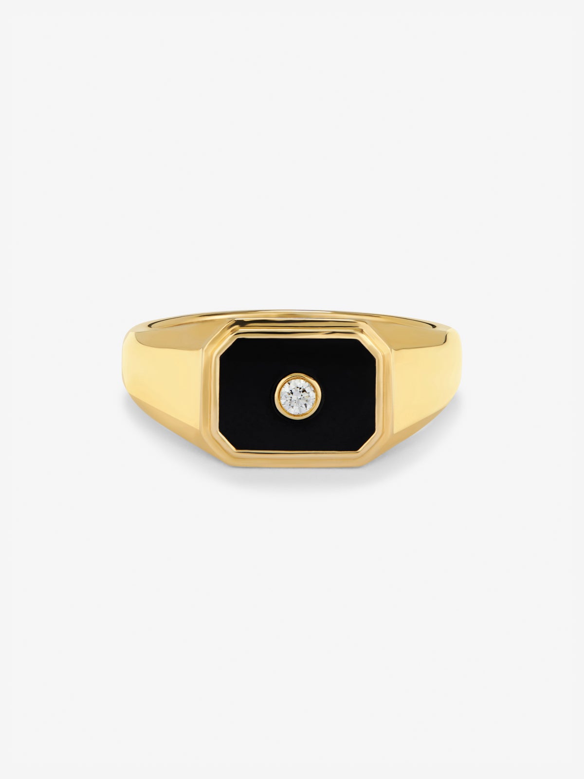 Anillo de sello mediano en oro amarillo de 18k con ónix negro de 0.98 ct y diamante de 0.03 ct
