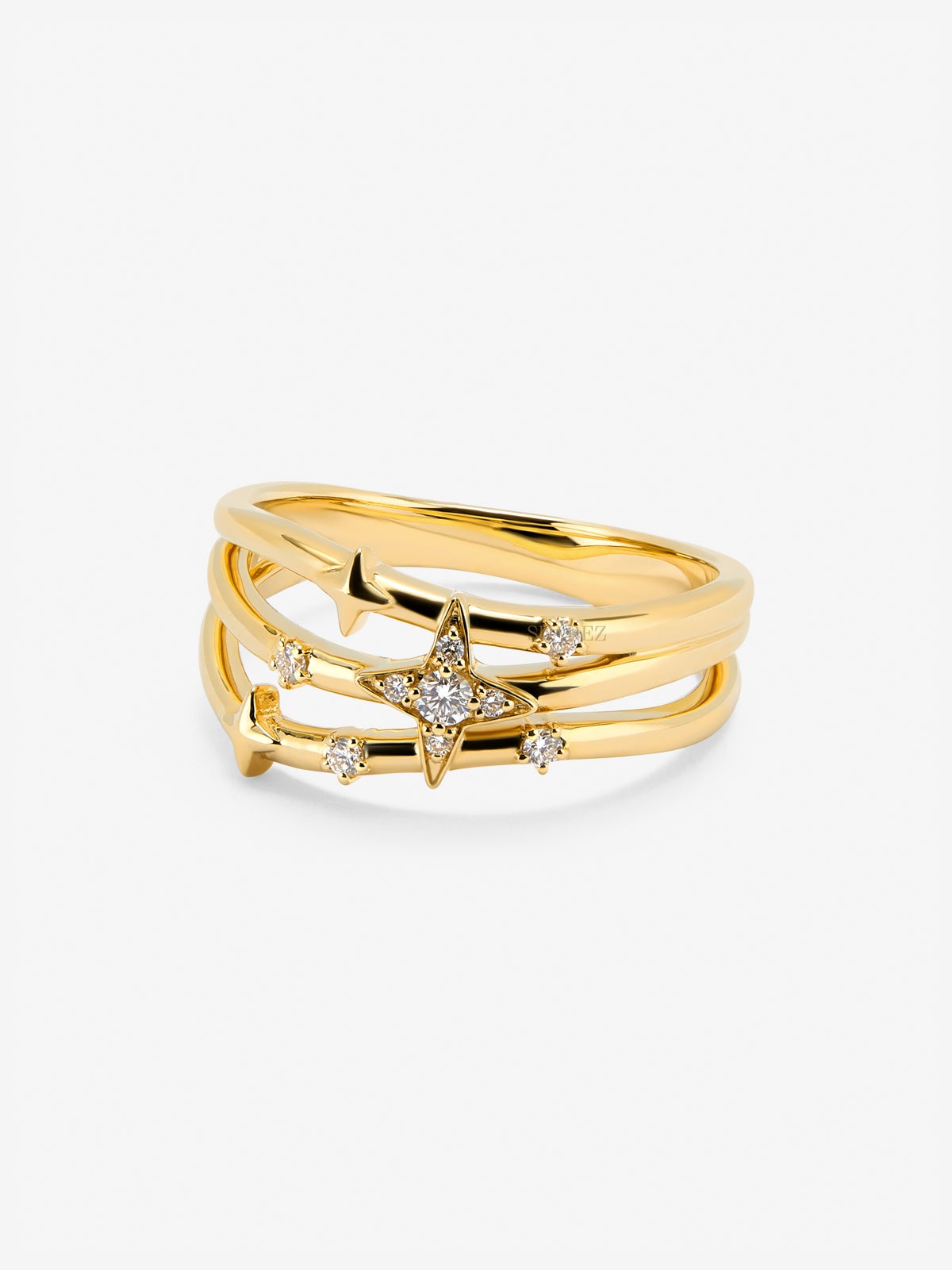 Anillo multibrazo de oro amarillo de 18K con 9 diamantes en talla brillante con un total de 0,08 cts