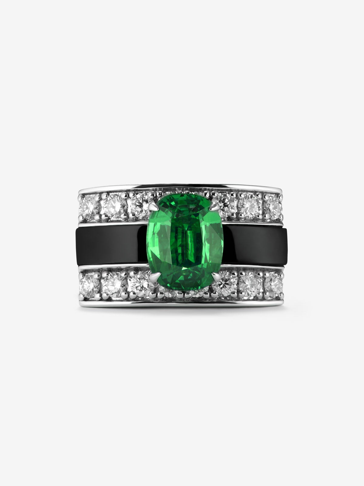 Anillo de Alta Joyería en oro blanco de 18K con esmeralda verde, ónix negro y diamantes