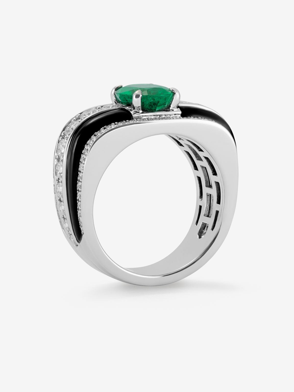 Anillo de Alta Joyería en oro blanco de 18K con esmeralda verde, ónix negro y diamantes