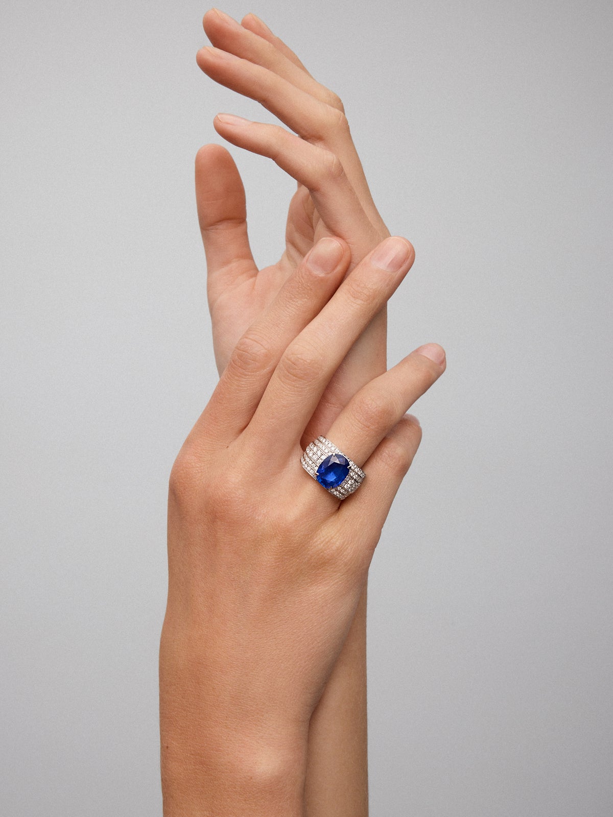 Anillo de oro blanco de 18K con zafiro azul royal en talla oval de 5,515 cts y 190 diamantes en talla brillante con un total de 1,26 cts