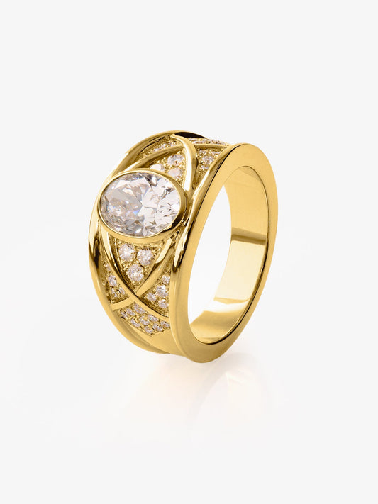 Anillo de oro amarillo de 18K con diamante central en talla oval de 1,5 cts y 40 diamantes en talla brillante con un total de 0,4 cts