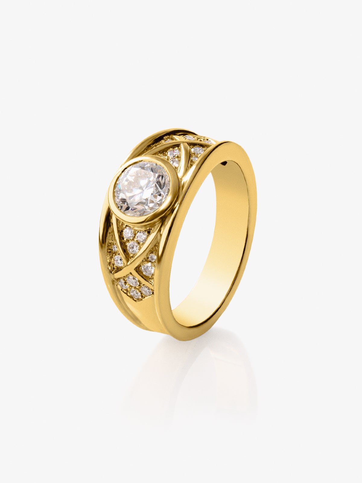 Anillo de oro amarillo de 18K con diamante en talla brillante de 1 ct y 22 diamantes en talla brillante con un total de 0,2 cts