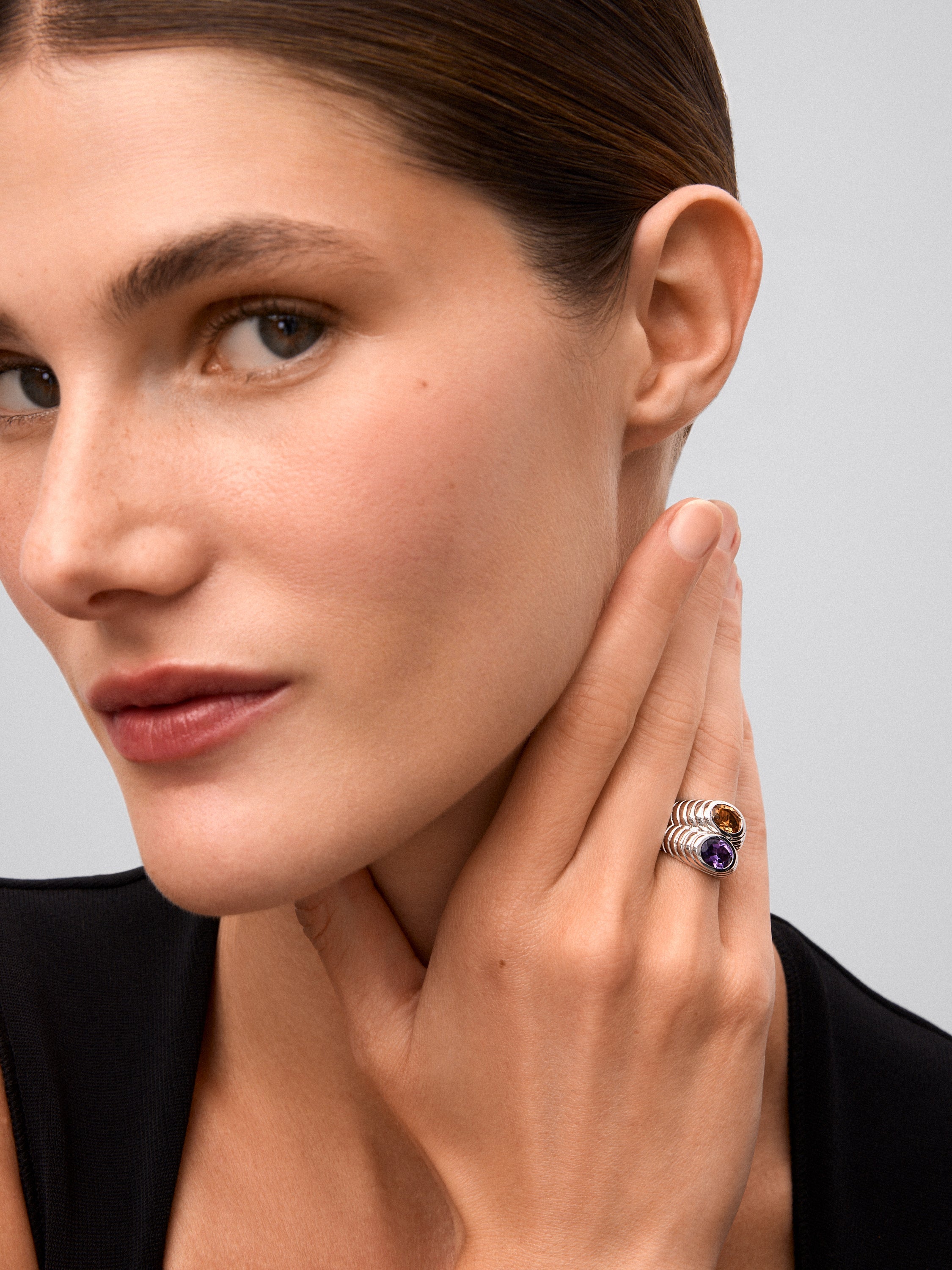 Anillo doble de plata 925 con cuarzo citrino y amatista morada