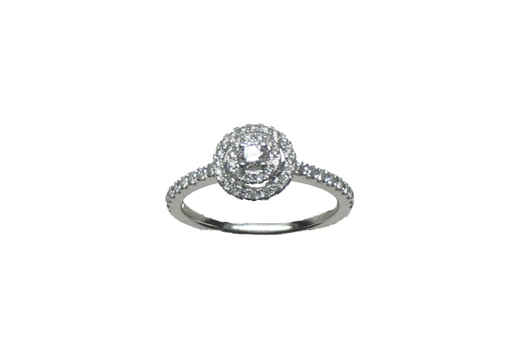 18K white gold ring with a double diamond border and a central brilliant-cut diamond totaling 0.67 cts.