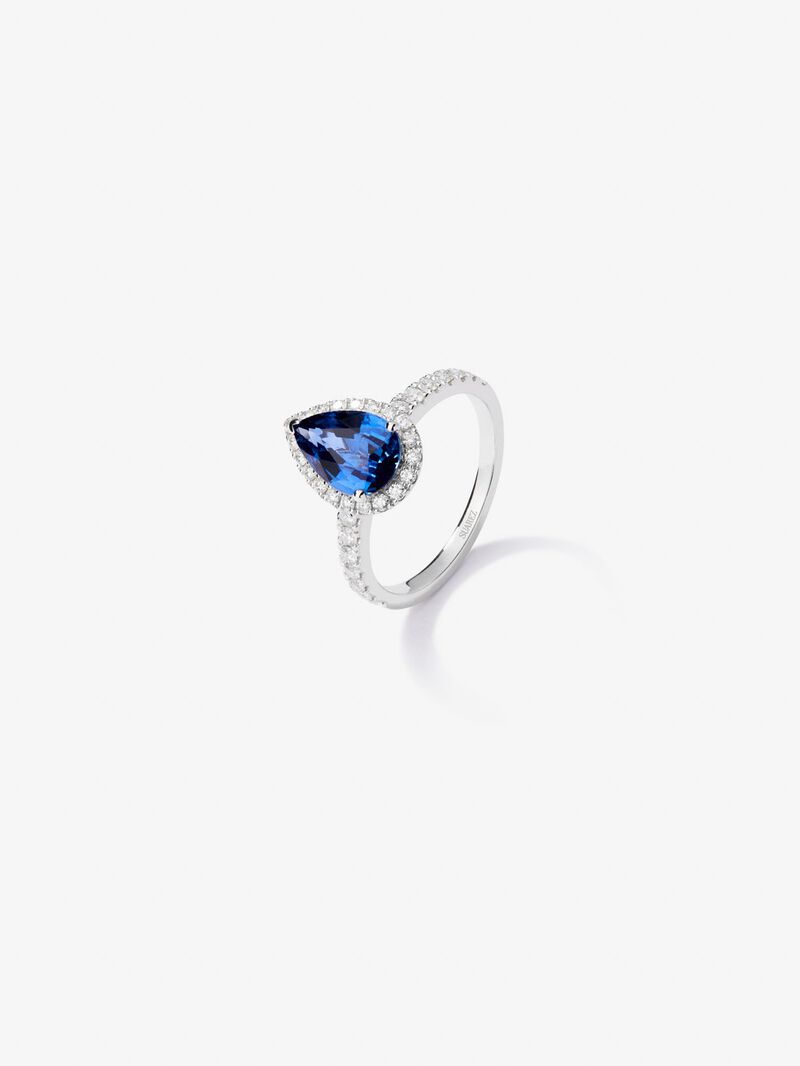 18K white gold ring with pear-cut blue sapphire of 2.35 cts and border and arm of 34 brilliant-cut diamonds with a total of 0.42 cts image number 0