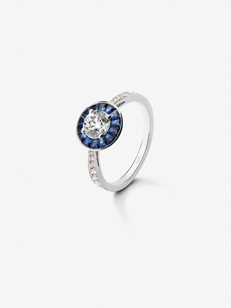 18K White Gold Ring with white diamonds in bright size of 0.88 cts and blue sapphires in 0.67 CTS trapeze size image number 0
