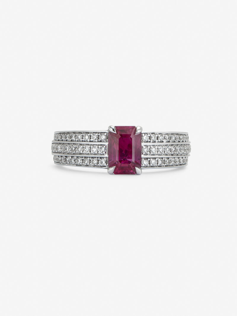 18K white gold ring with octagonal-cut pigeon blood ruby ​​of 1.169 cts and 68 brilliant-cut diamonds with a total of 0.37 cts image number 2