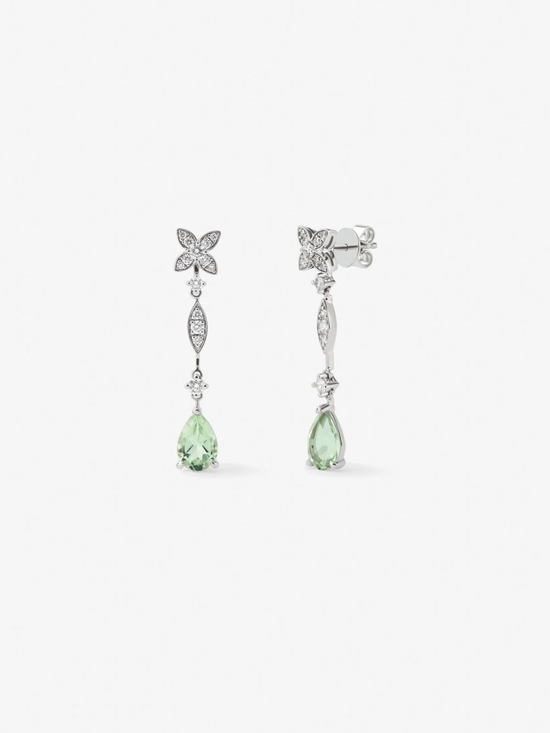 18K white gold earrings with 30 brilliant-cut diamonds with a total of 0.63 cts and 2 pear-cut green amethysts image number 0