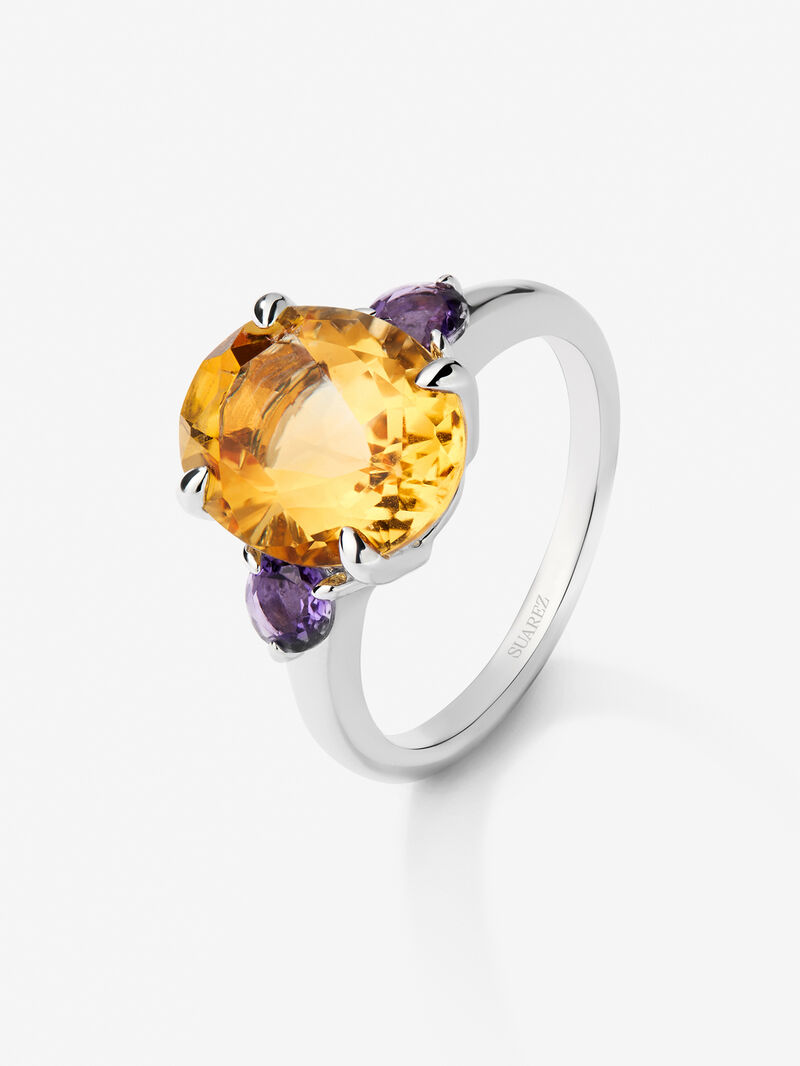 925 silver triple ring with oval-cut citrine quartz and 2 brilliant-cut purple amethysts image number 0