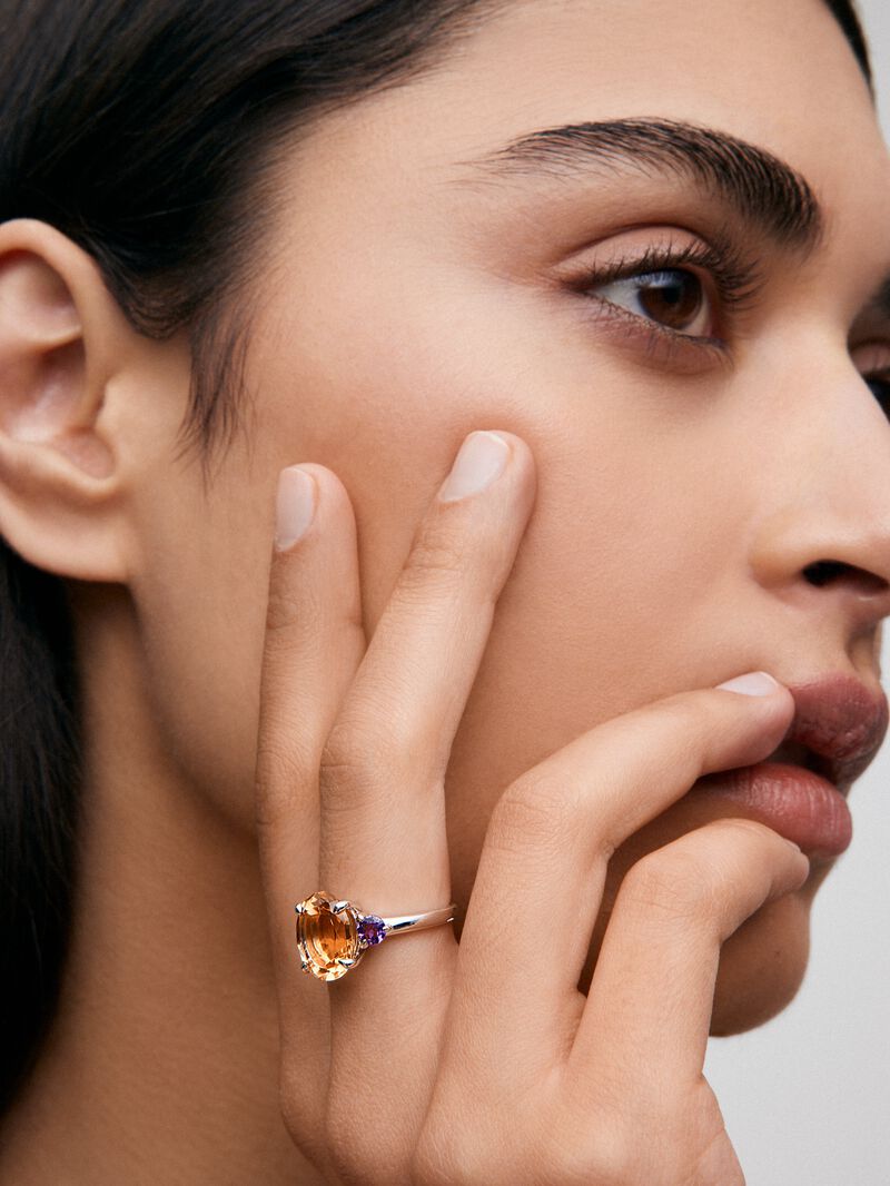 925 silver triple ring with oval-cut citrine quartz and 2 brilliant-cut purple amethysts image number 3