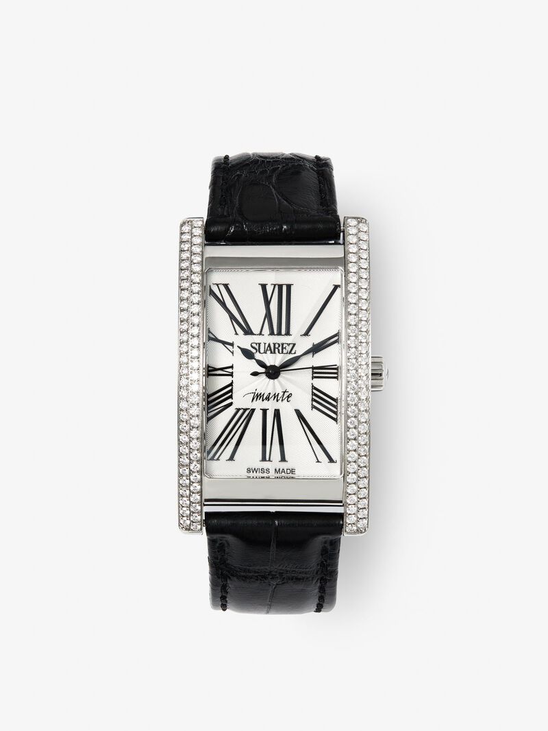 Stainless steel watch and leather bracelet, with white diamonds in bright size, sapphire glass and quartz movement image number 0