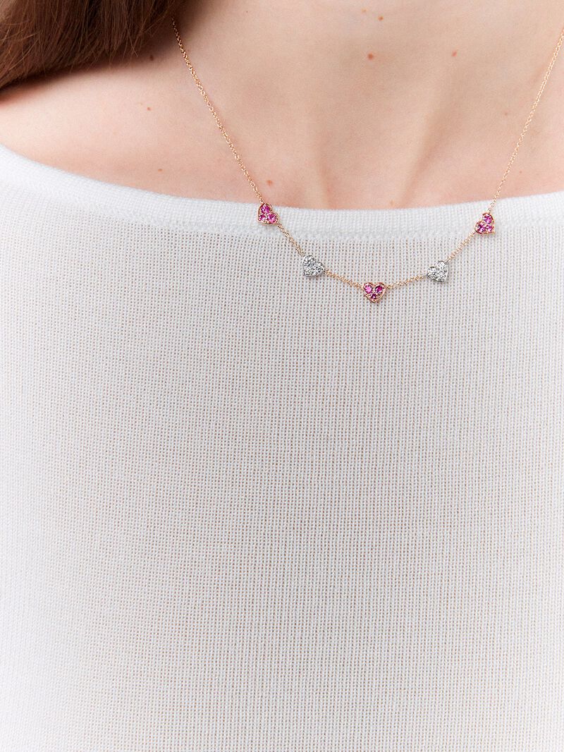 18kt Rose Gold and White Gold Heart Necklace with Pink Sapphires and Diamonds. image number 5