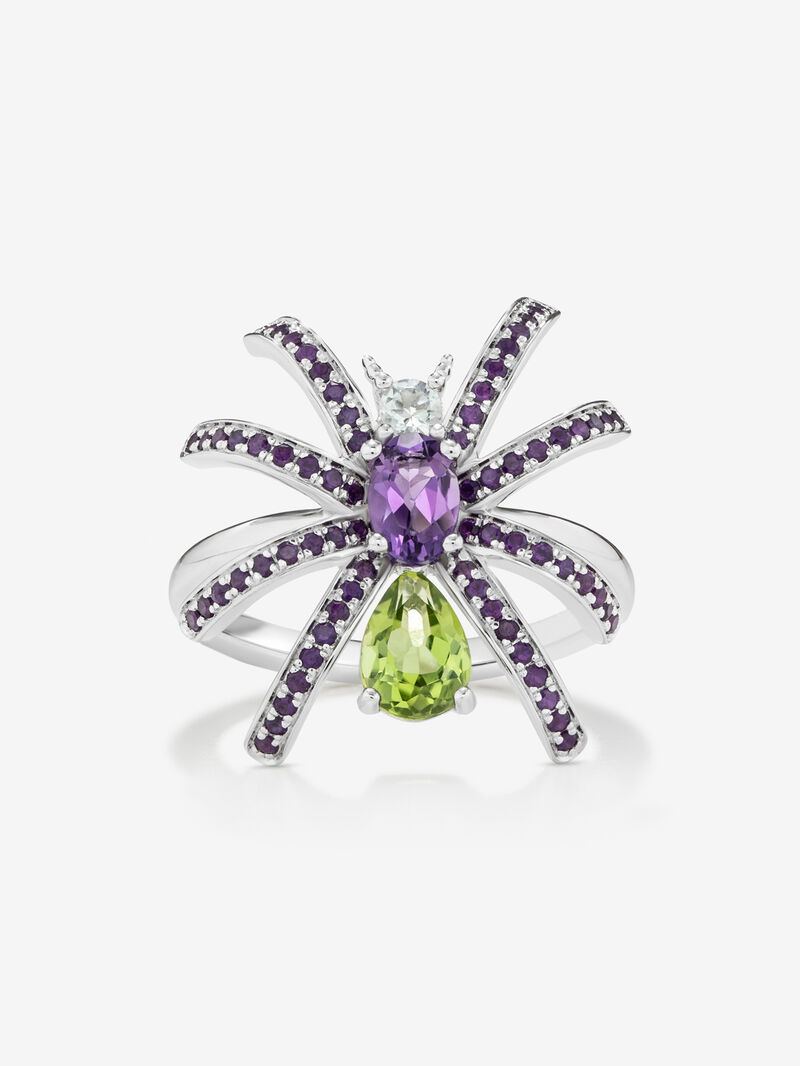 Silver spider ring with peridotos and amethyst image number 1