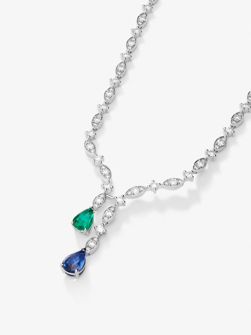 18K white gold necklace with intense blue pear-cut sapphire of 1.76 cts, pear-cut green emerald of 0.96 cts and 163 brilliant-cut diamonds with a total of 6.48 cts image number 2