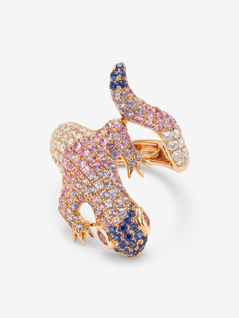 18K rose gold ring with 20 brilliant-cut diamonds with a total of 3.3 cts and 160 multicolored sapphires with a total of 2.69 cts in the shape of a salamander image number 2