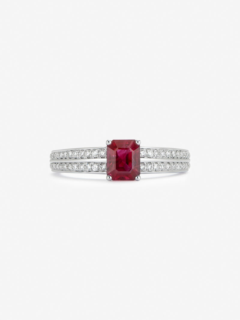18K white gold ring with octagonal cut ruby ​​of 1,046 cts and 40 brilliant cut diamonds with a total of 0.3 cts image number 1