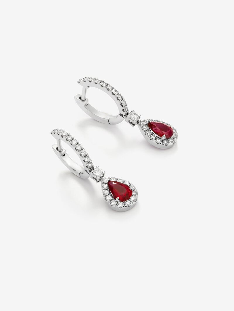 18K White Gold Earrings with intense red rubies in 0.88 cts and white diamonds in bright 0.48 cts image number 0