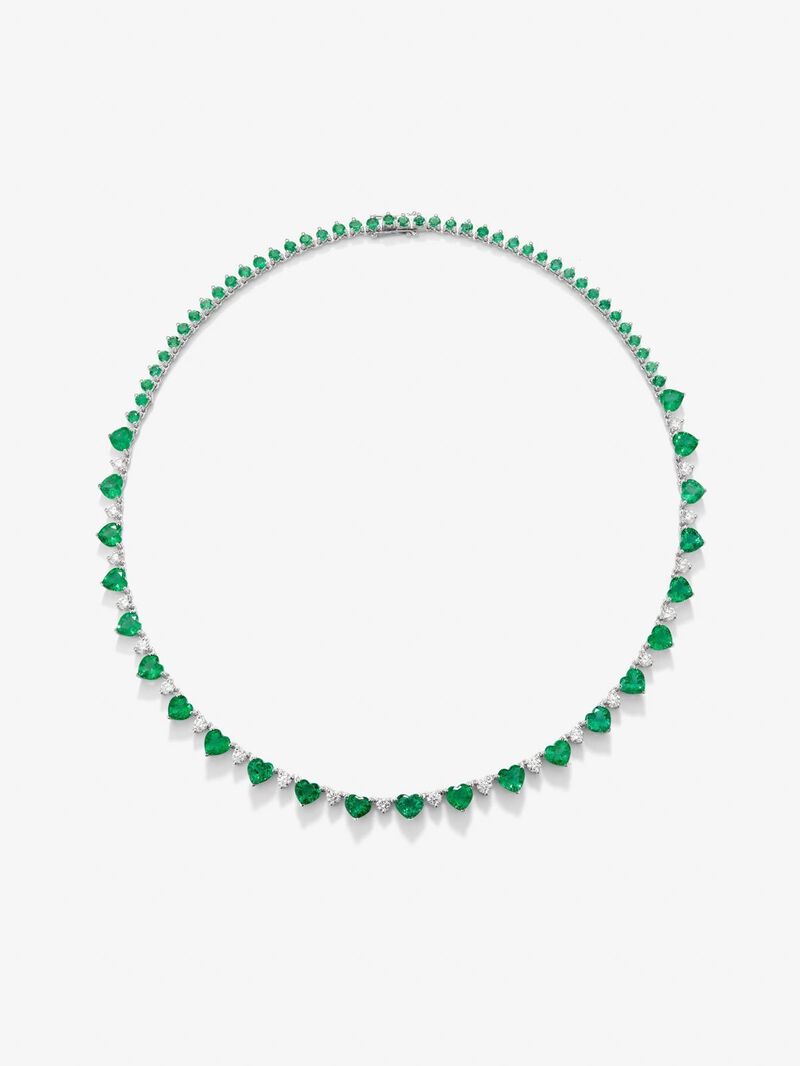 18K white gold necklace with green and bright emeralds of 19.21 cts and white diamonds in 2.71 cts bright size image number 0