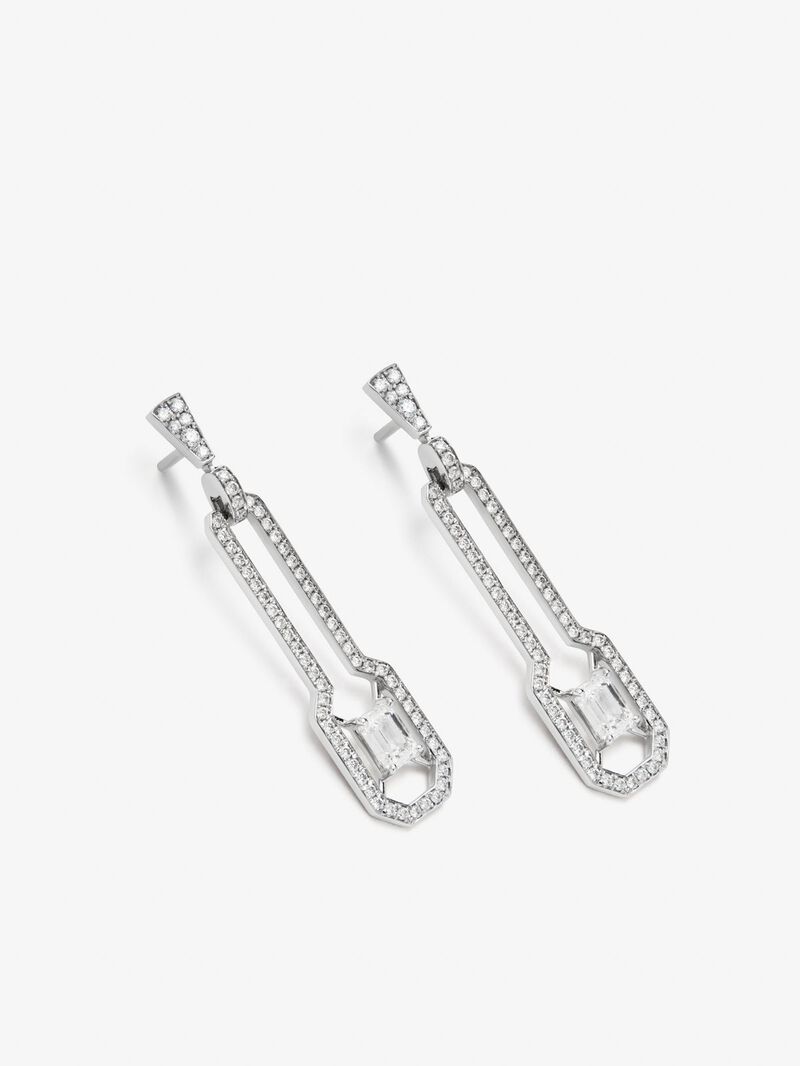 18K white gold earrings with 2 emerald-cut diamonds with a total of 1 cts and 126 brilliant-cut diamonds with a total of 0.63 cts image number 2