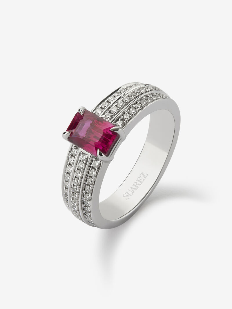 18K white gold ring with octagonal-cut pigeon blood ruby ​​of 1.169 cts and 68 brilliant-cut diamonds with a total of 0.37 cts image number 0
