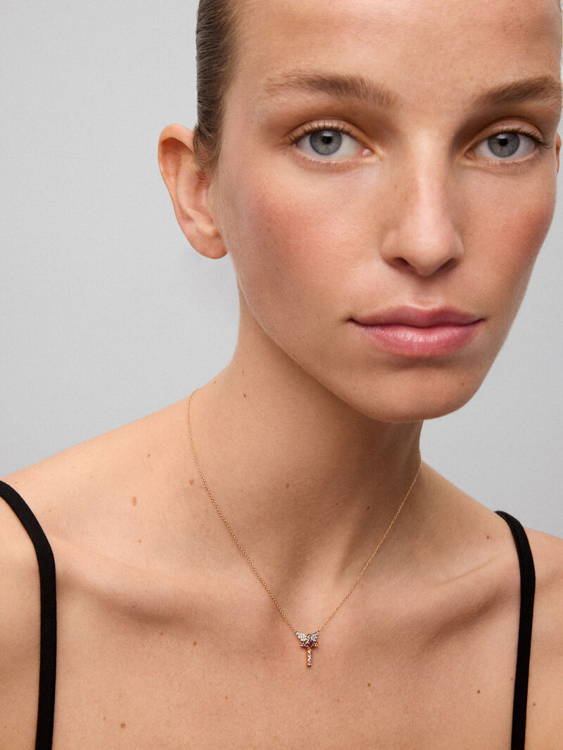 18K Rose Gold Cross Pendant Chain with Sapphire and Diamond. image number 3