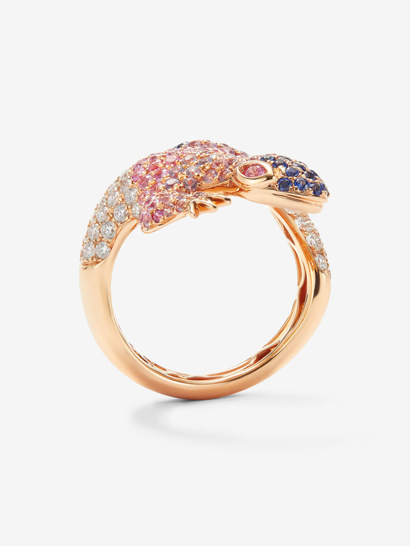 18K rose gold ring with 20 brilliant-cut diamonds with a total of 3.3 cts and 160 multicolored sapphires with a total of 2.69 cts in the shape of a salamander image number 4