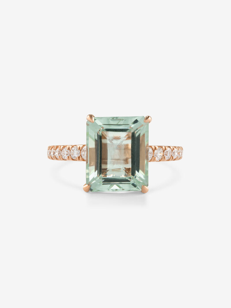 18K rose gold ring with green amethyst in emerald cut of 4.25 cts and 14 brilliant cut diamonds with a total of 0.32 cts image number 2