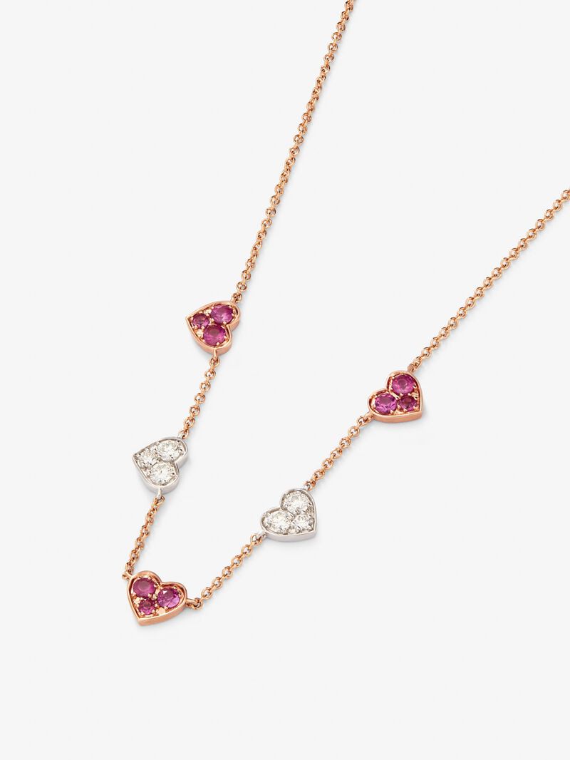 18kt Rose Gold and White Gold Heart Necklace with Pink Sapphires and Diamonds. image number 3