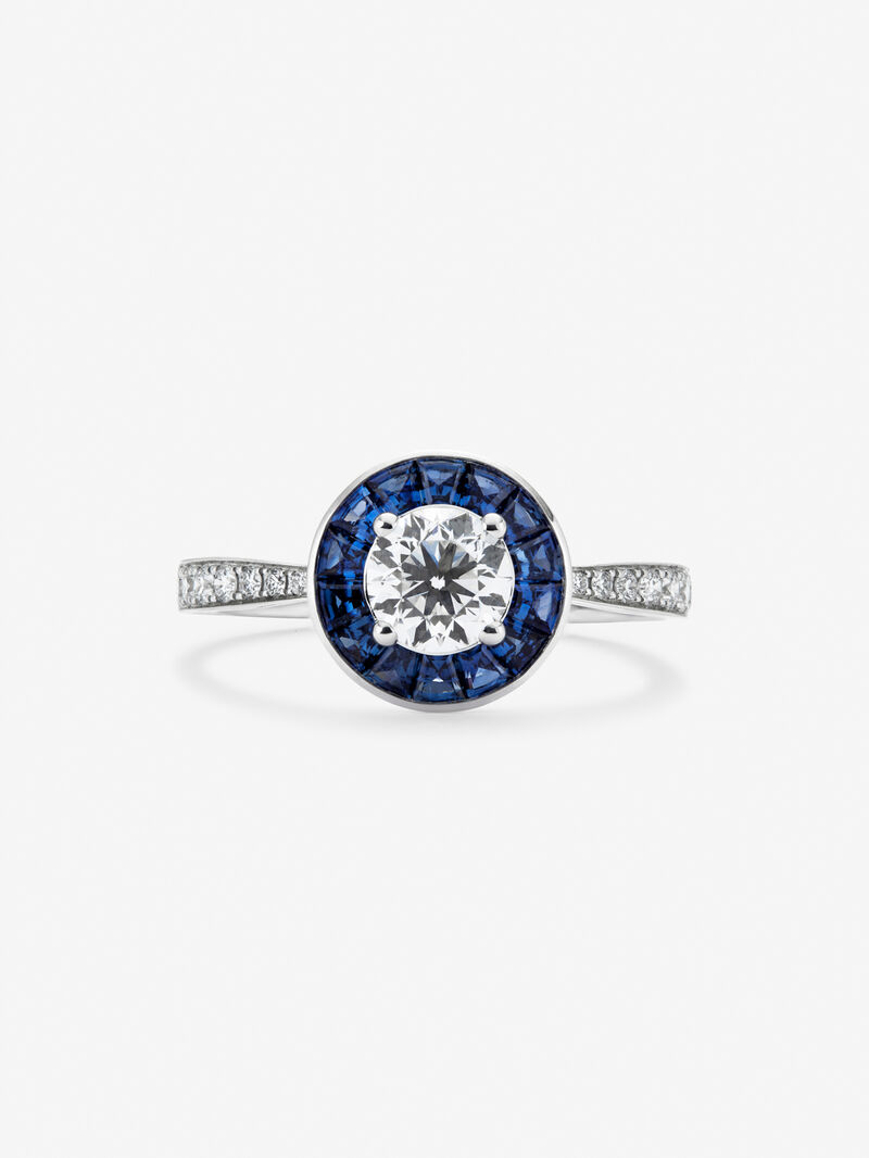 18K White Gold Ring with white diamonds in bright size of 0.88 cts and blue sapphires in 0.67 CTS trapeze size image number 2
