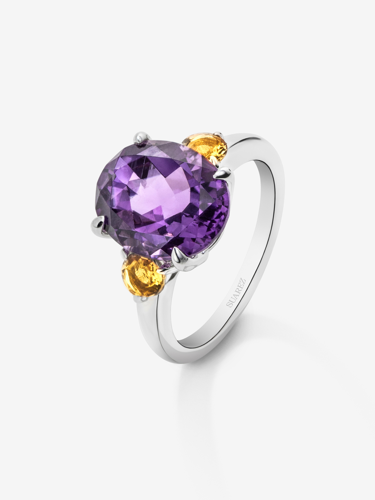 925 silver triple ring with oval-cut purple amethyst and 2 brilliant-cut citrine quartz