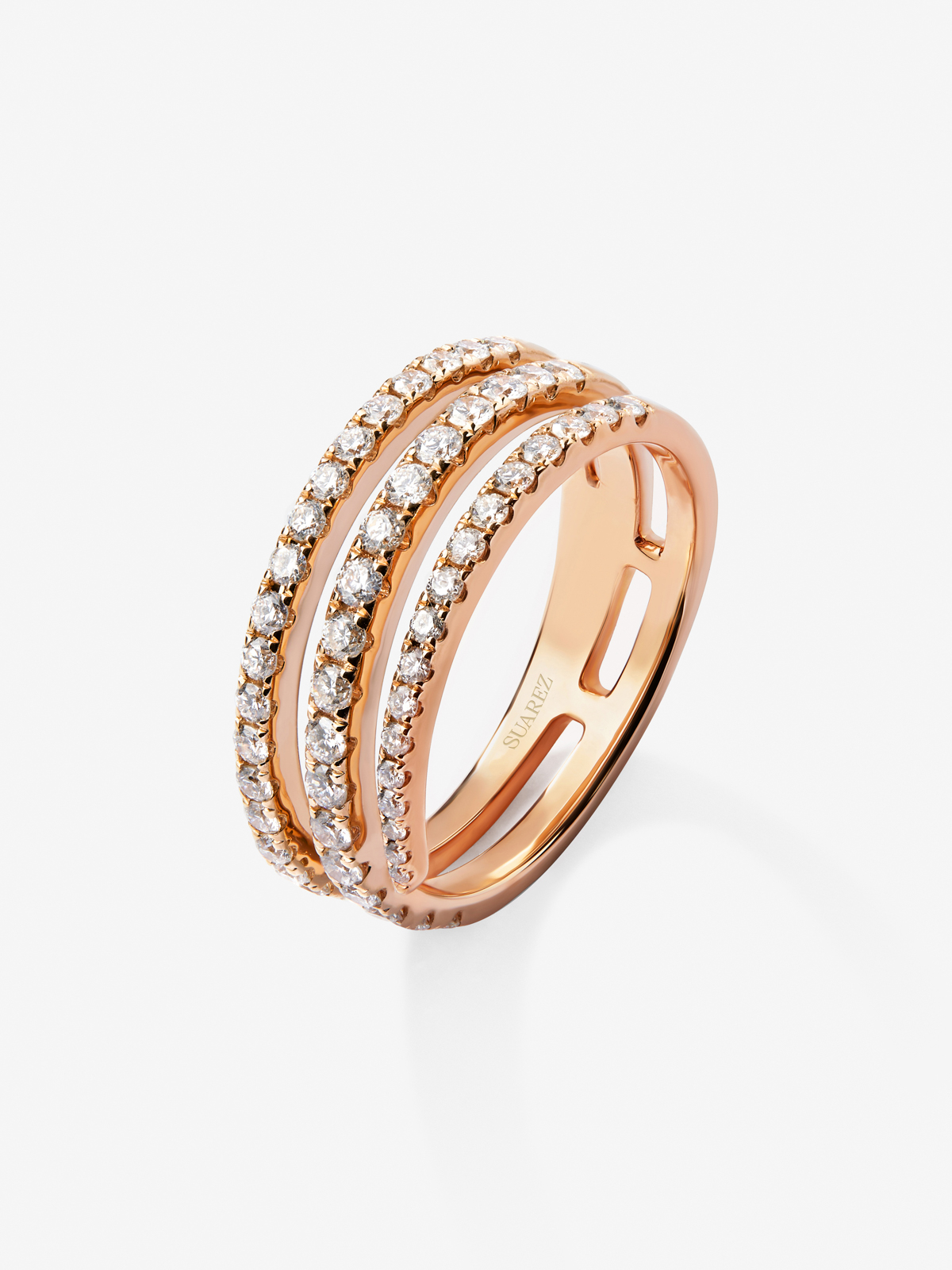18K rose gold triple ring with 55 brilliant-cut diamonds with a total of 0.68 cts