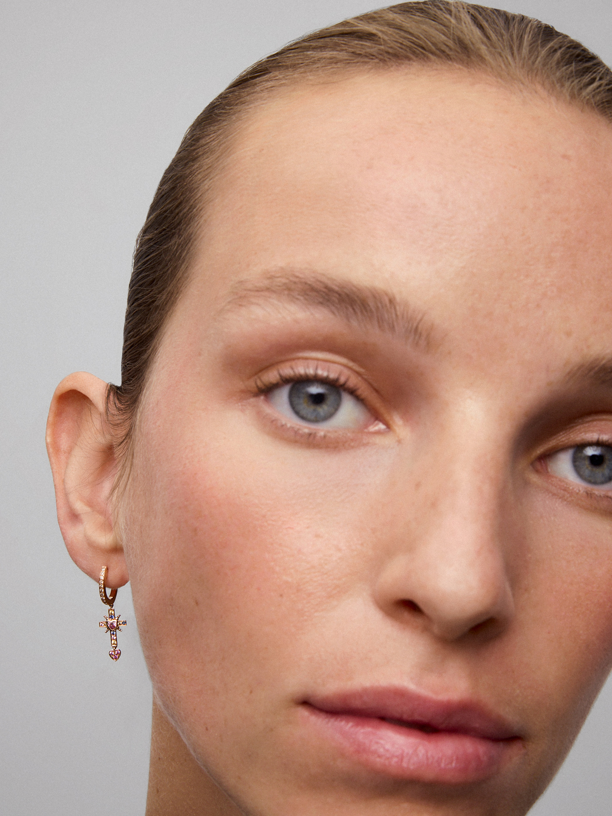 18K Rose Gold Hoop Earrings with Sapphire and Diamond Pendant