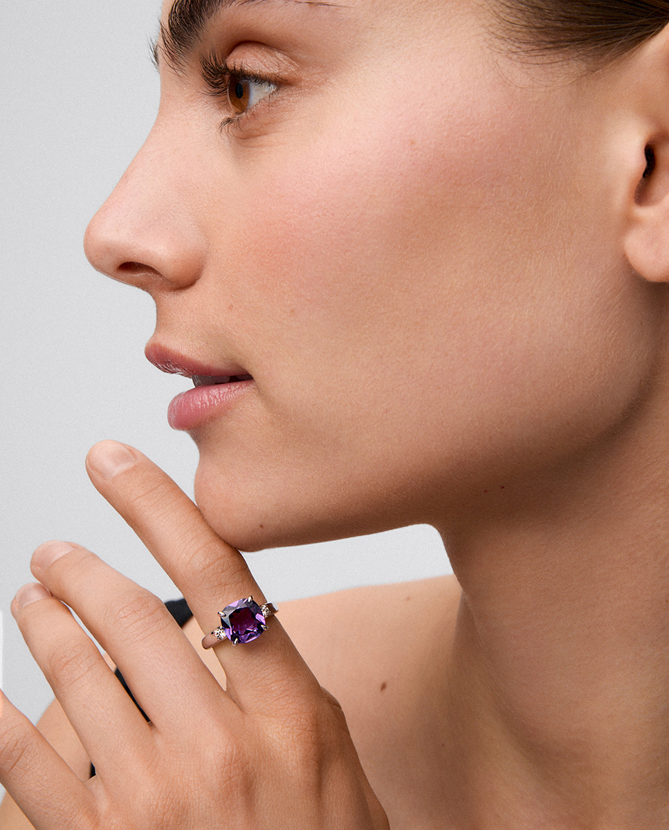 925 Silver Trilogy Ring with Amethyst and Diamonds