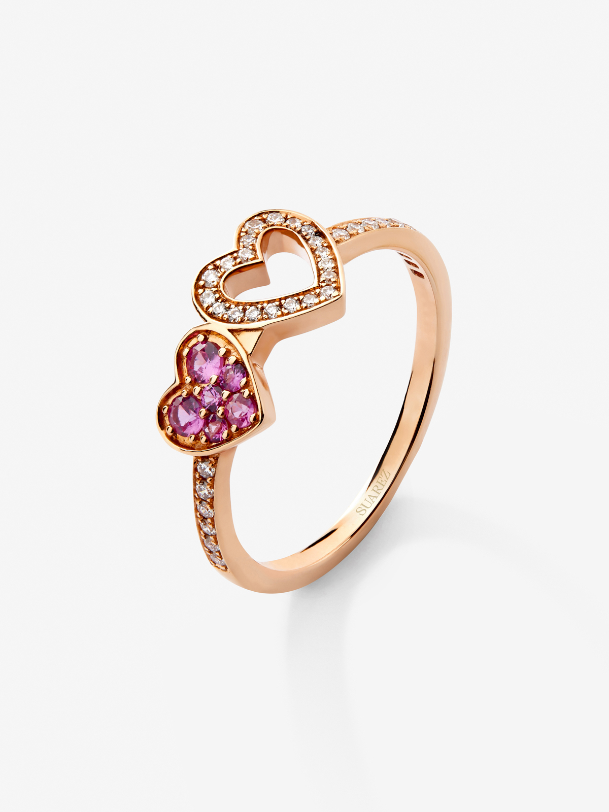 18kt rose gold ring of hearts with diamonds and pink sapphires