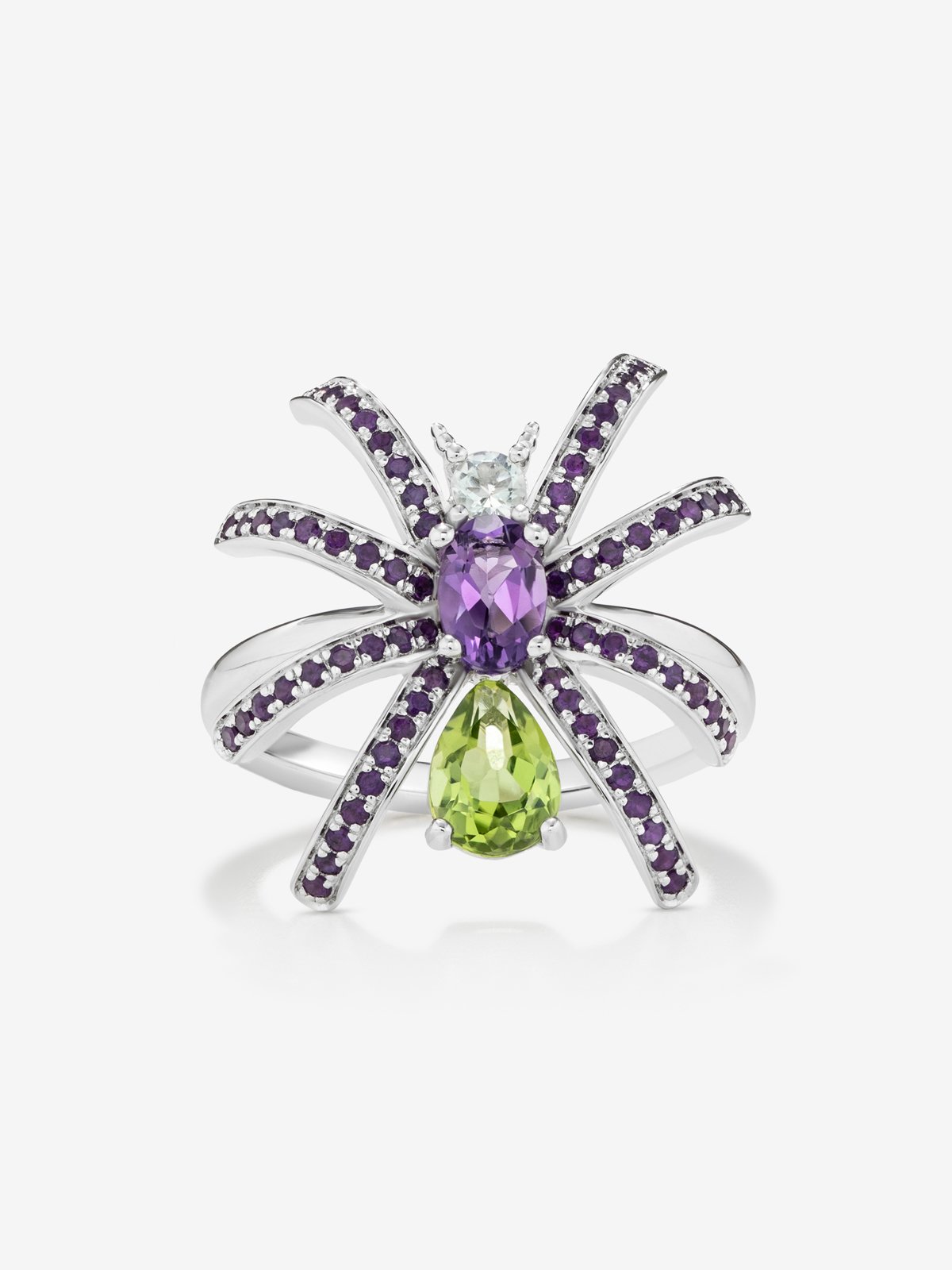 Silver spider ring with peridotos and amethyst