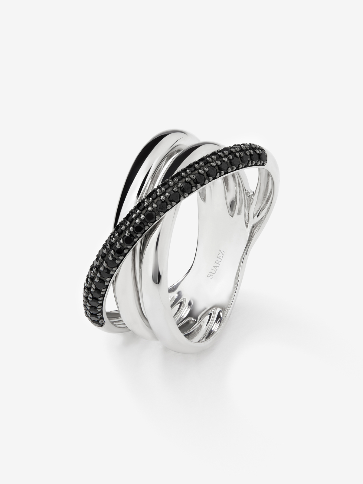 925 silver crossed multi-arm ring with brilliant-cut black spinels