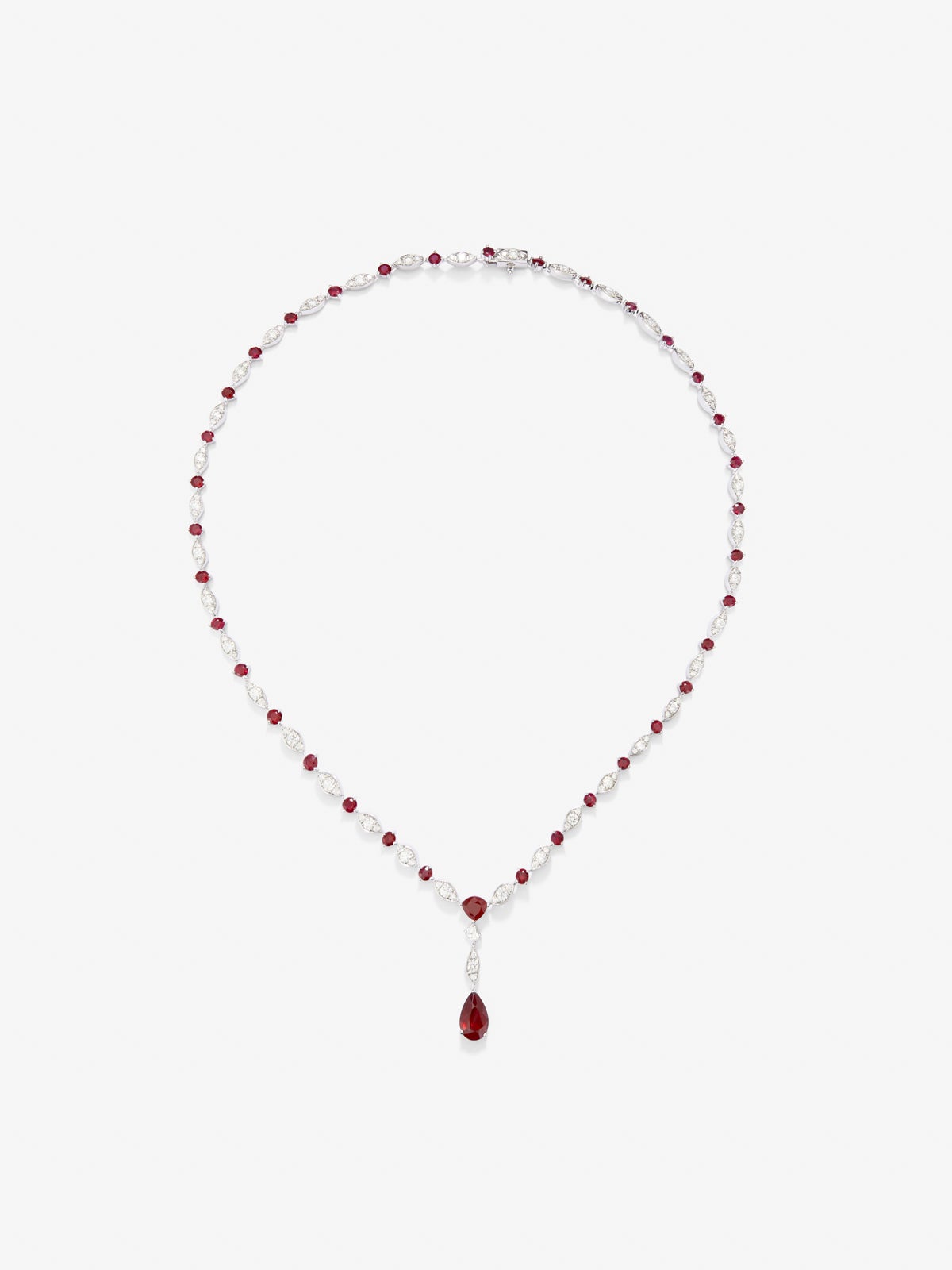 18K white gold necklace with 36 pear and trillion cut red rubies with a total of 3.59 cts and 136 brilliant cut diamonds with a total of 7.1 cts