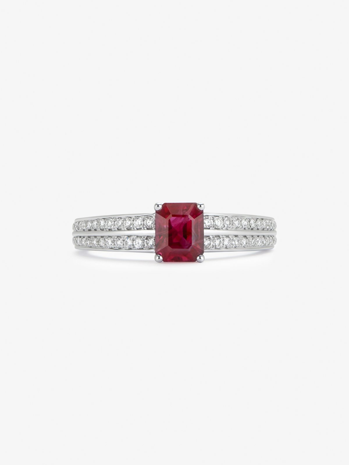18K white gold ring with octagonal cut ruby ​​of 1,046 cts and 40 brilliant cut diamonds with a total of 0.3 cts