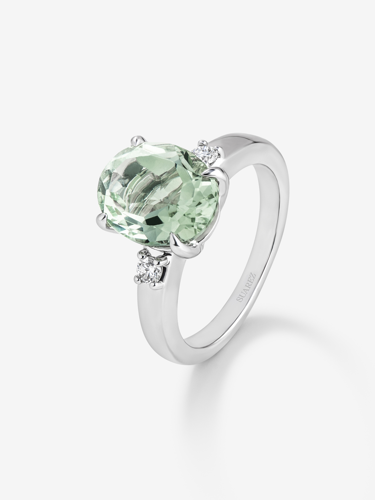 925 Silver trio ring with green amethyst and diamonds