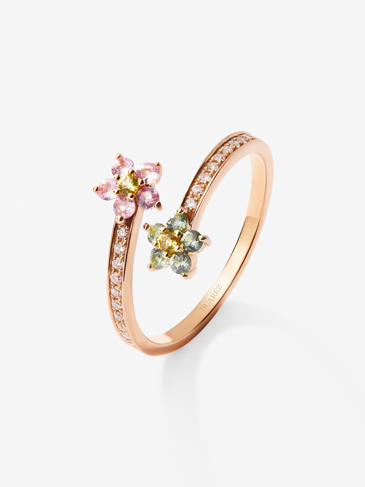 18K rose gold ring with 12 brilliant-cut multicolor sapphires with a total of 0.26 cts and 22 brilliant-cut diamonds with a total of 0.1 cts
