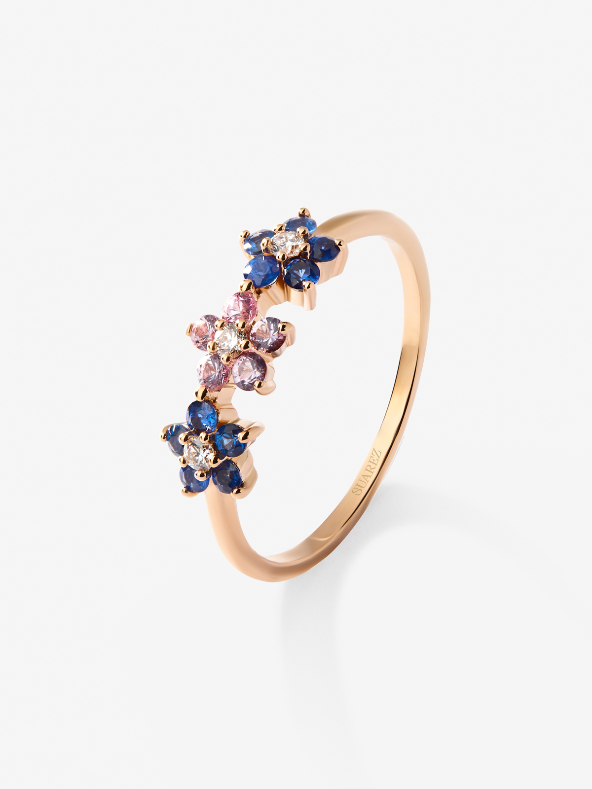 18kt rose gold flowers ring with diamond and sapphires