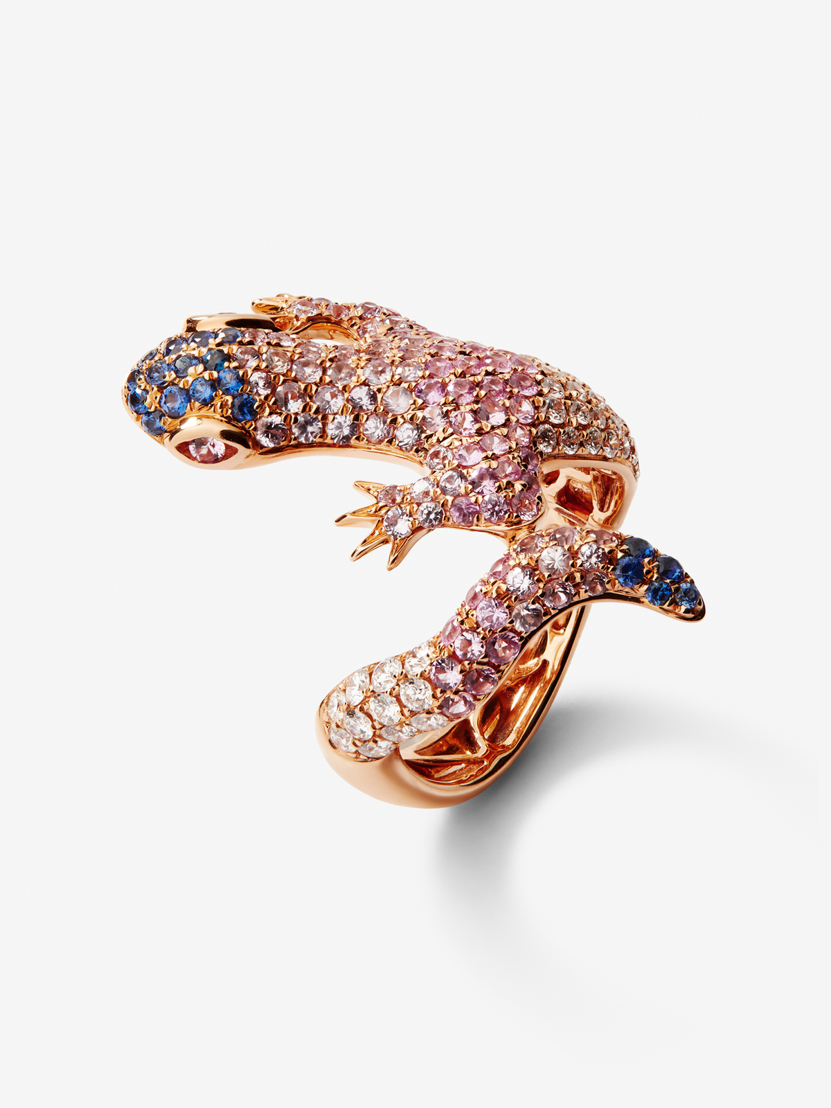 18K rose gold ring with 20 brilliant-cut diamonds with a total of 3.3 cts and 160 multicolored sapphires with a total of 2.69 cts in the shape of a salamander