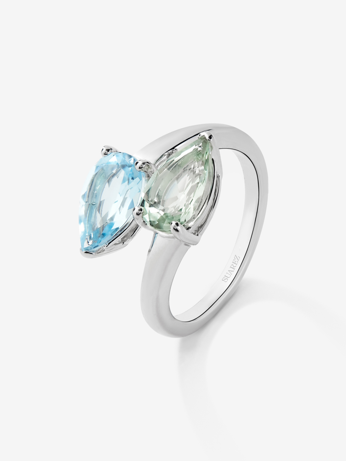 You and me ring in 925 silver with sky blue topaz and pear-cut green amethyst