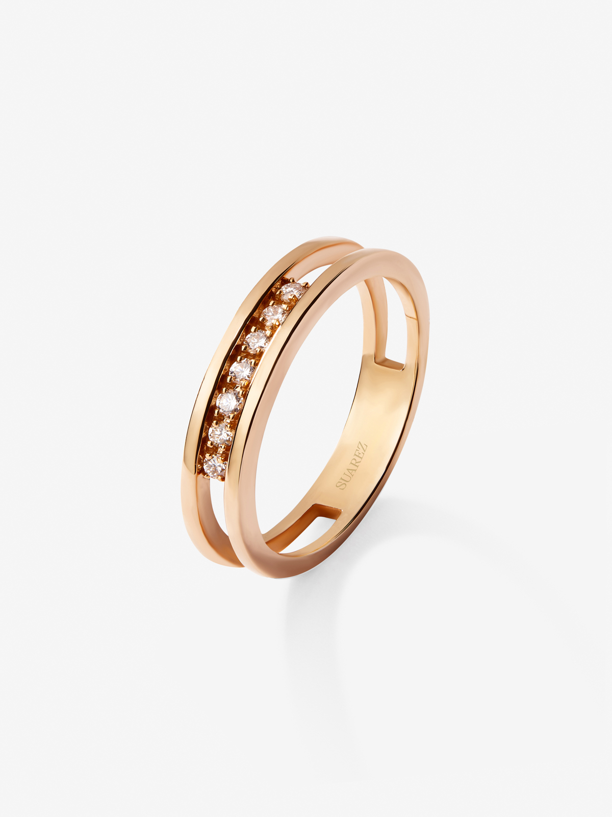 18K rose gold double ring with 7 brilliant-cut diamonds with a total of 0.1 cts