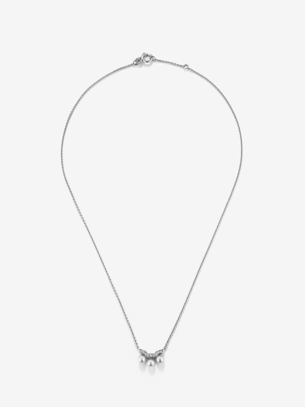 18k white gold pendant chain with three Akoya pearls and diamonds.