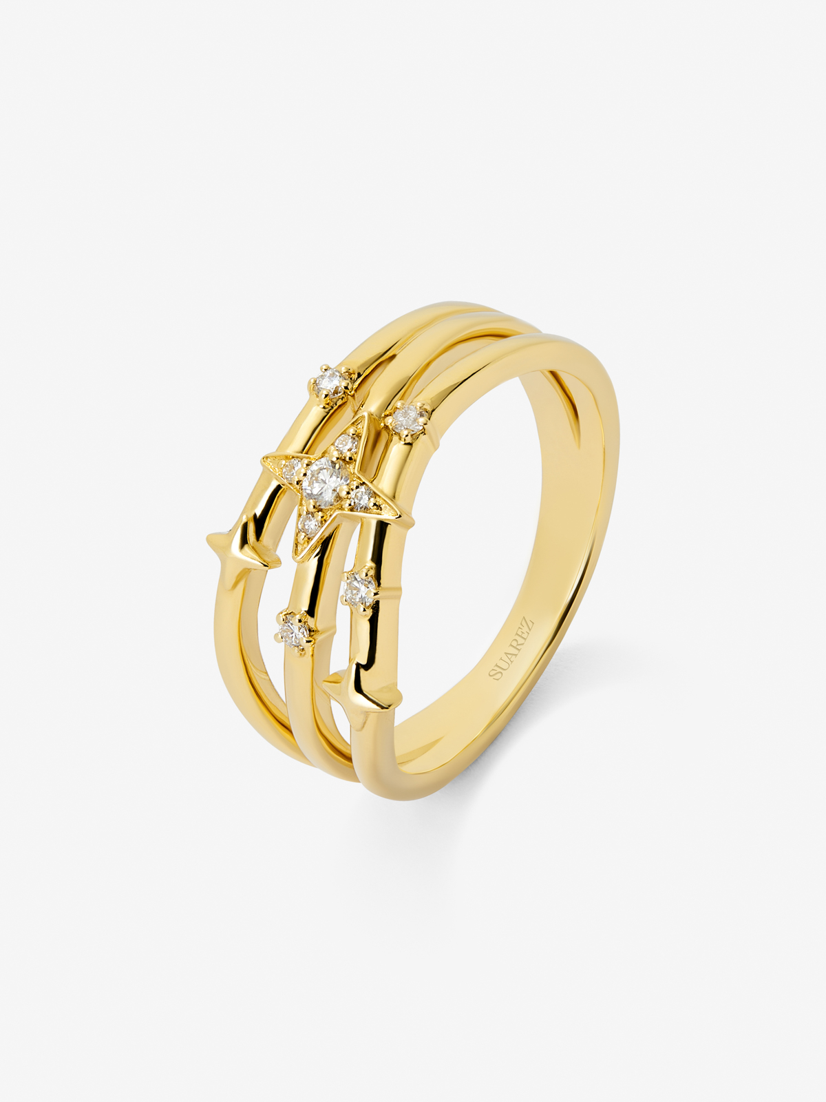 18K yellow gold multi-arm ring with 9 brilliant-cut diamonds with a total of 0.08 cts